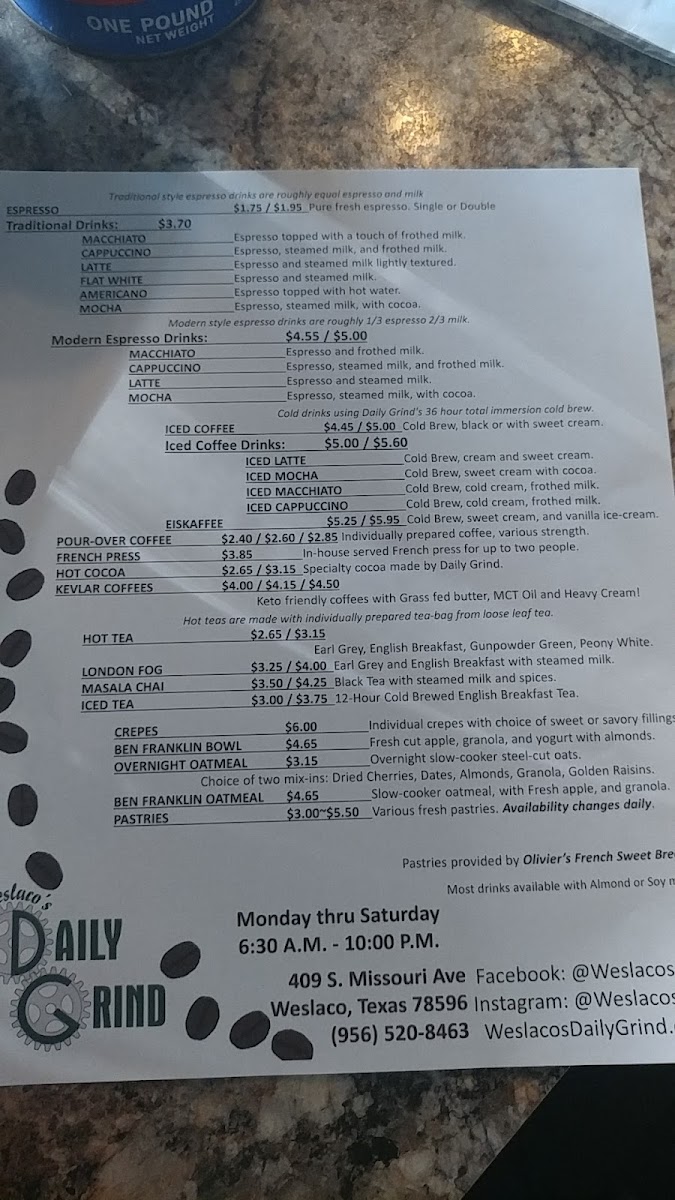 Menu Weslaco's Daily Grind | Coffee, Teas, Pastries-9